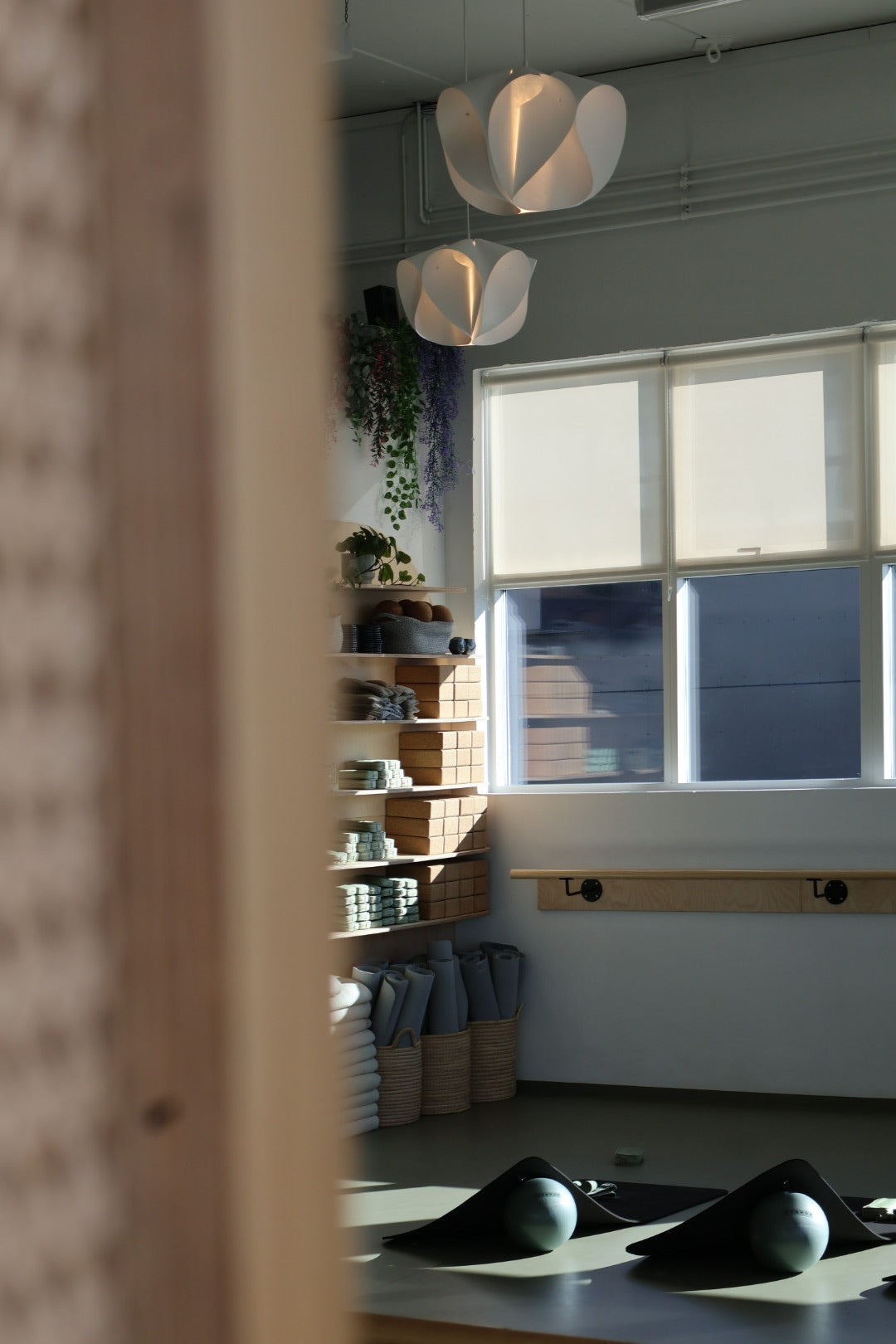 Modern interior with wooden shelves, plants, and a large window.